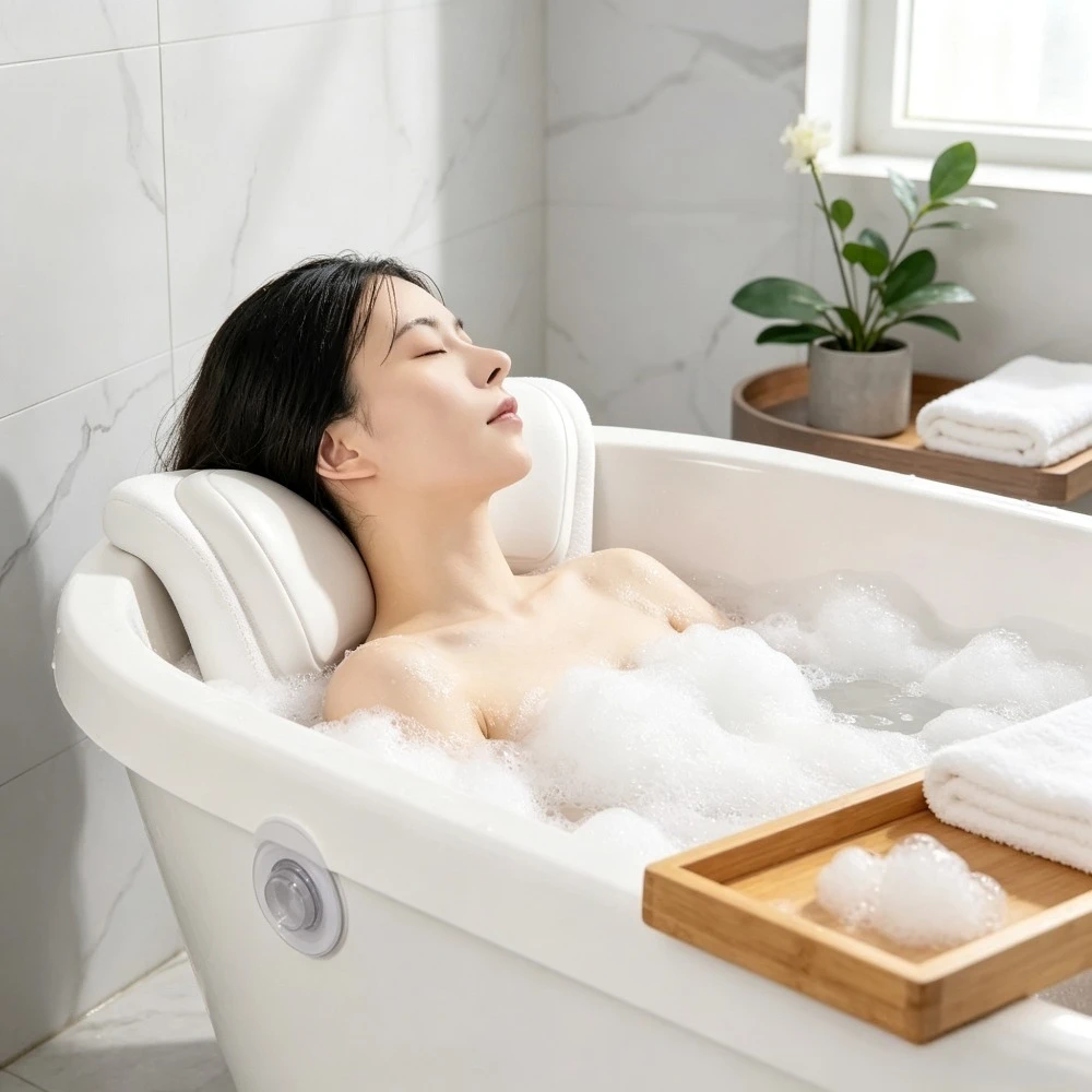 Non Slip Bathtub Pillow Silicone Sponge Waterproof PU Cover Universal Neck Head Support Cushion for Spa Bath Shower Relaxation