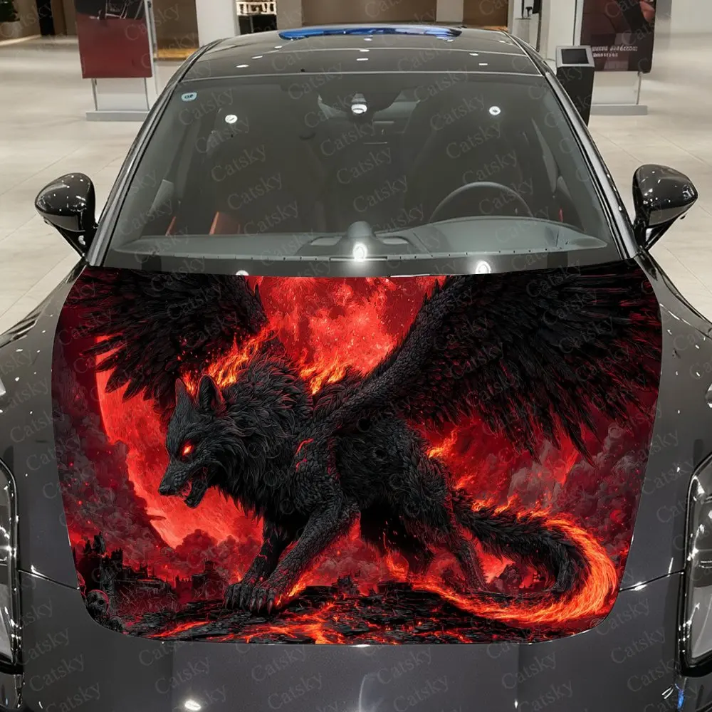 Inferno Burning Wing Moon Howling Wolf Car Vinyl Wrap, PVC Waterproof Car Hood Sticker, Self-Adhesive Scratch-Resistant Stickers