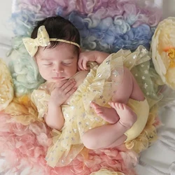 Ylsteed Newborn Photoshoot Outfit Baby Girl Shiny Siver Star Romper with Bow Headband Yellow Mesh Jumpsuit Infant Photo Props