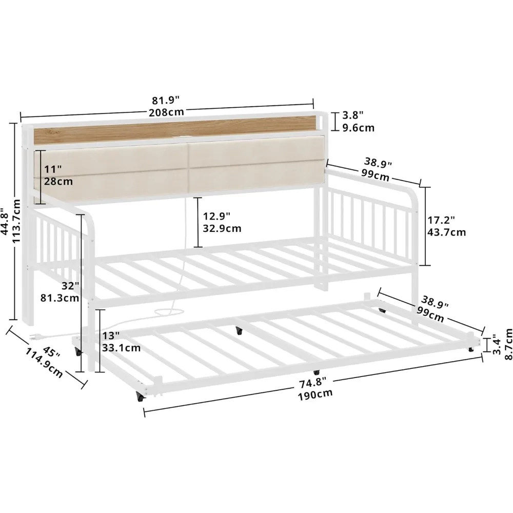 Tempat Tidur Daybed dengan Trundle, Rangka Tempat Tidur Twin XL dari Logam Kokoh dengan Sandaran Kepala Berlapis dan Stasiun Pengisian Daya untuk Ruang Tamu