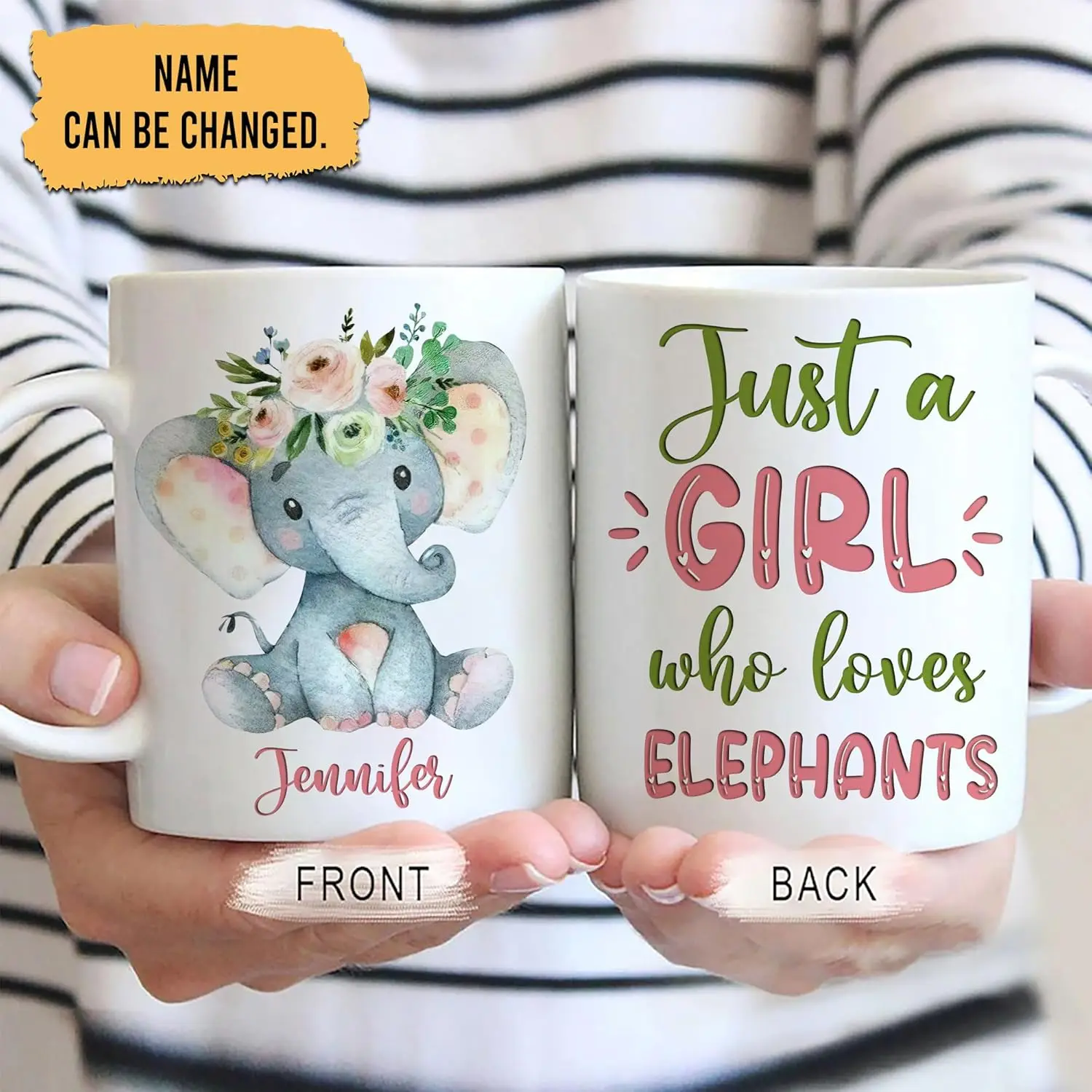 

Personalized Gifts Elephant Lover - Custom Name Ceramic Coffee Mug Cup 11oz - Idea Cute Animal Lover Gifts For Women,