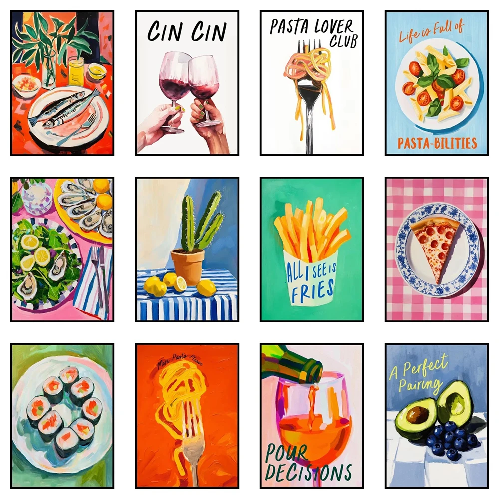 Food Wine Fruits Canvas Paintings Pizza Pasta Avocado Sushi Restaurant Poster and Prints Wall Art Pictures Home Kitchen Decor