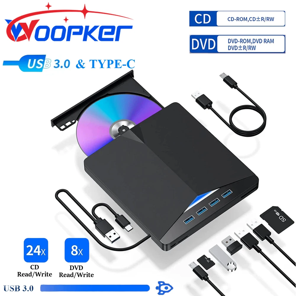 Woopker Multifunction DVD Player High Speed Data Transfer 7-in-1 Optical Drive USB 3.0 Type-c External Portable CD/DVD Reader