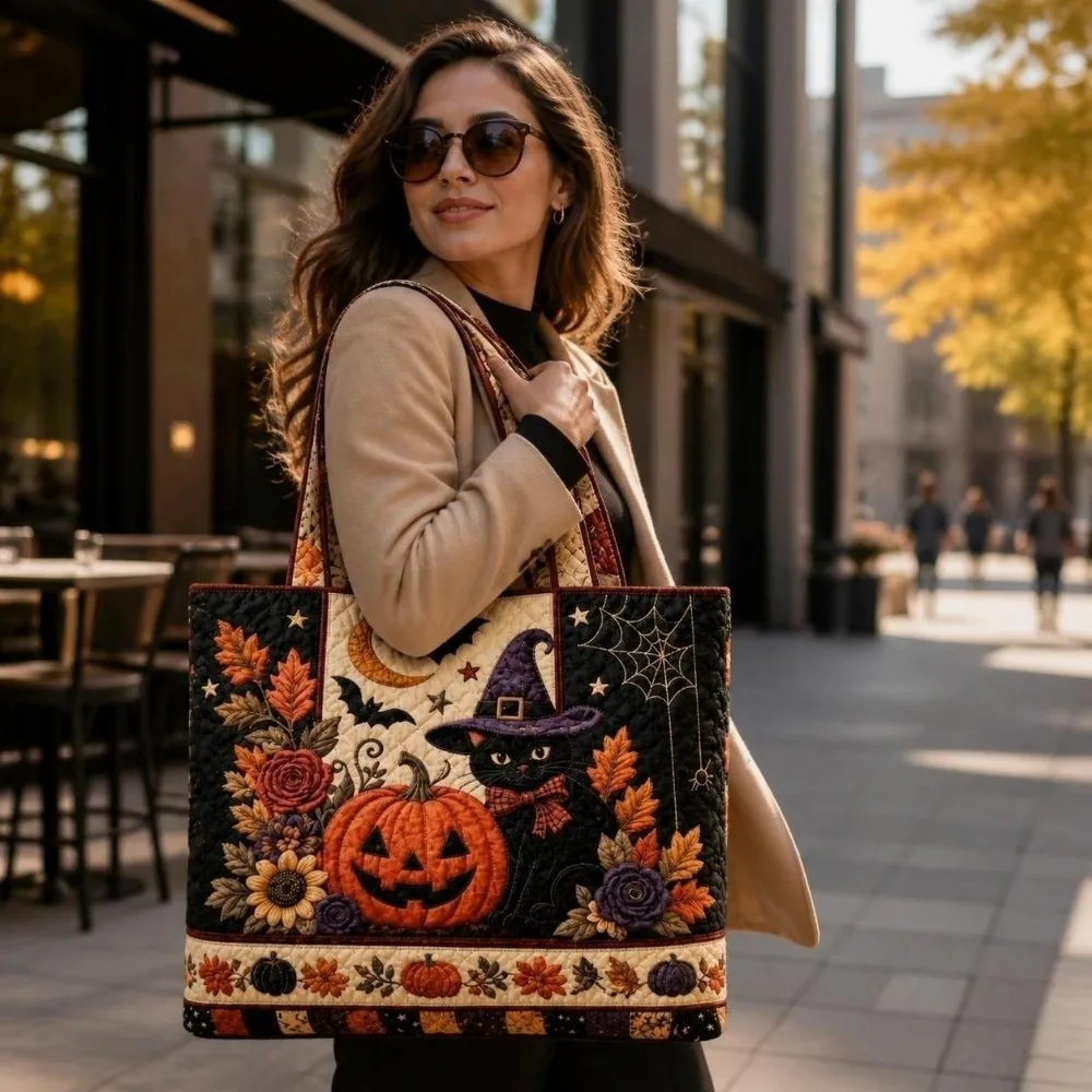 Shopping Bag Ghost Halloween Tote Bag Cat Large Capacity Quilted Handbag Vintage Patchwork Patterns Shoulder Bag Casual