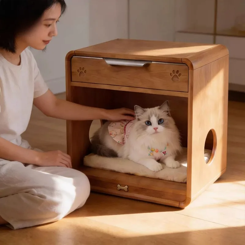 Solid wood bedside table, cat nest integrated storage cabinet, pet cat nest bedside table, universal for cats and dogs