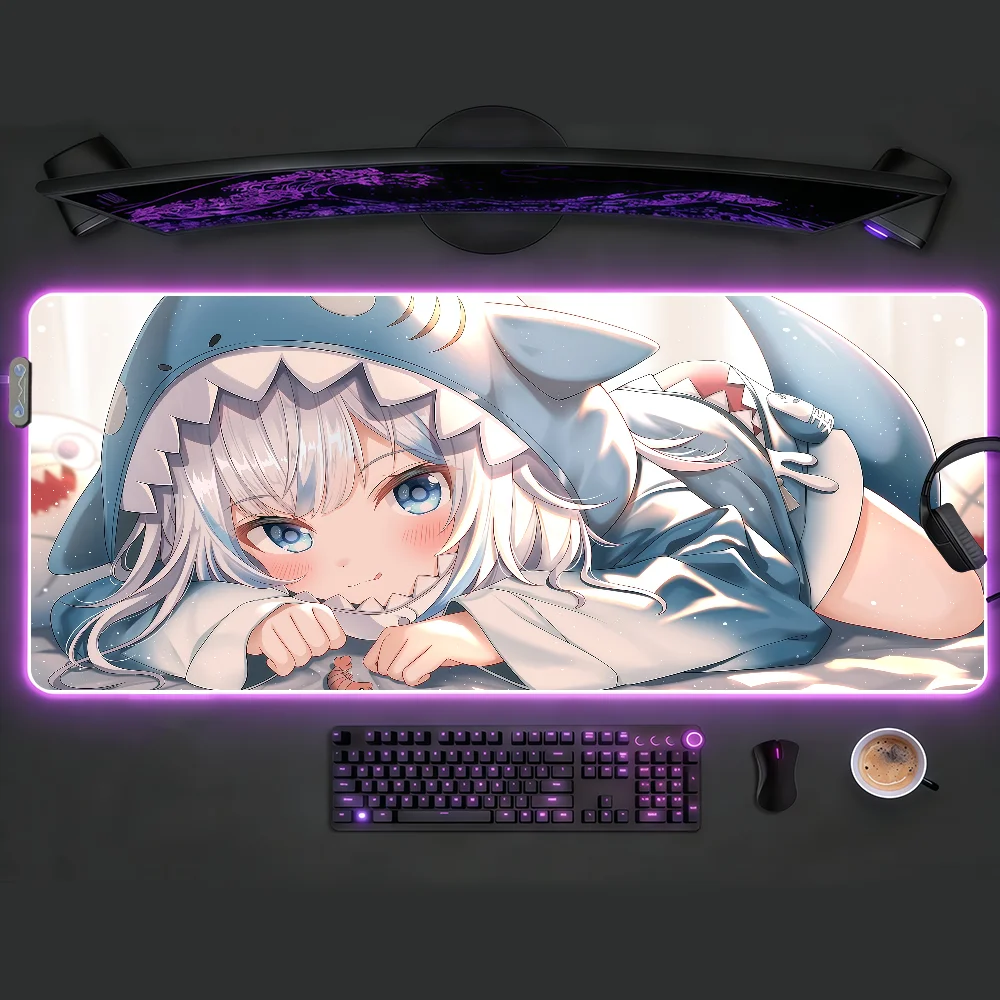 

Anime Gawr Gura Mouse Pad RGB LED Non-slip Desk Mat Rubber Gaming Accessories Large Computer Office Gamer Keyboard Mat