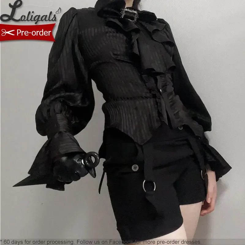 قميص Ouij Lolita للطلب المسبق بلوزة برنس بأكمام طويلة مخططة على الطراز القوطي / شورت مكبل عالي الخصر للنساء #4