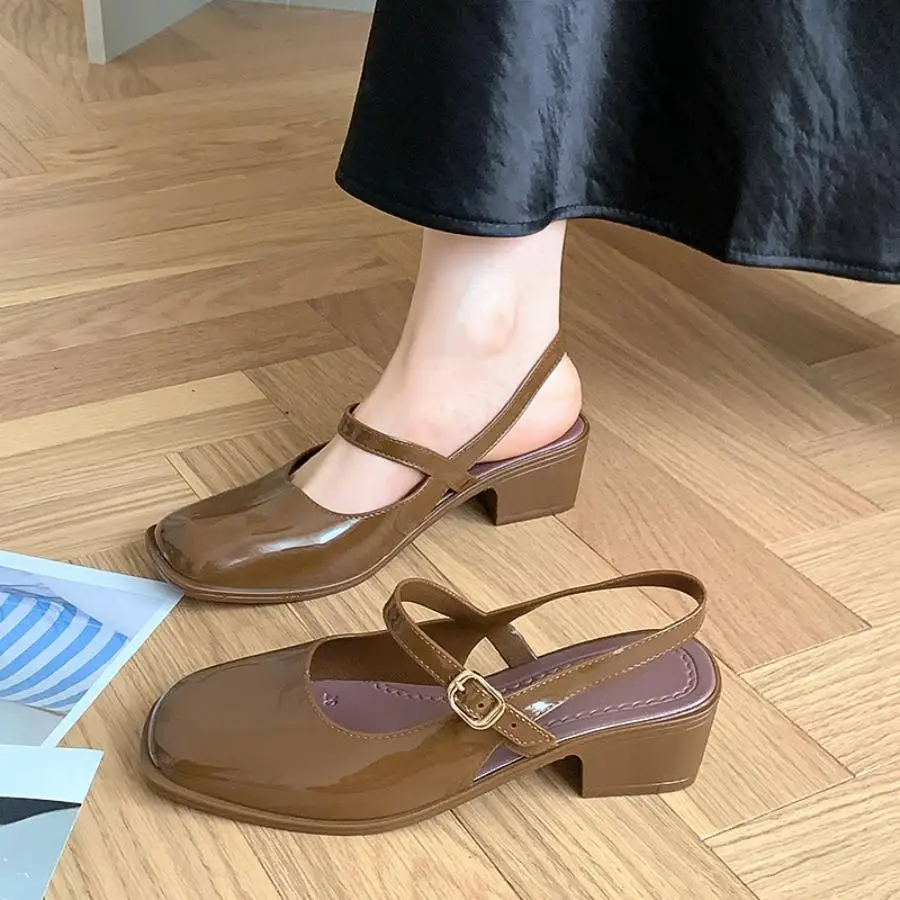 Women Patent Leather Square Toe Slingback Block Low Heel Sandals Adjustable Buckle Strap Backless Mary Jane Pumps Elegant Dress Shoes Office Wedding Daily Party Dating Casual Footwear