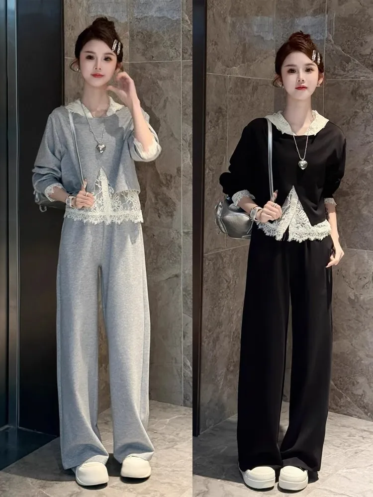 

Spring 2025 Korean Style Lazy Lace Hooded Back Split Casual Wide Leg Pants Anti-Aging Three-Piece Set Long Sleeve Student Uni...