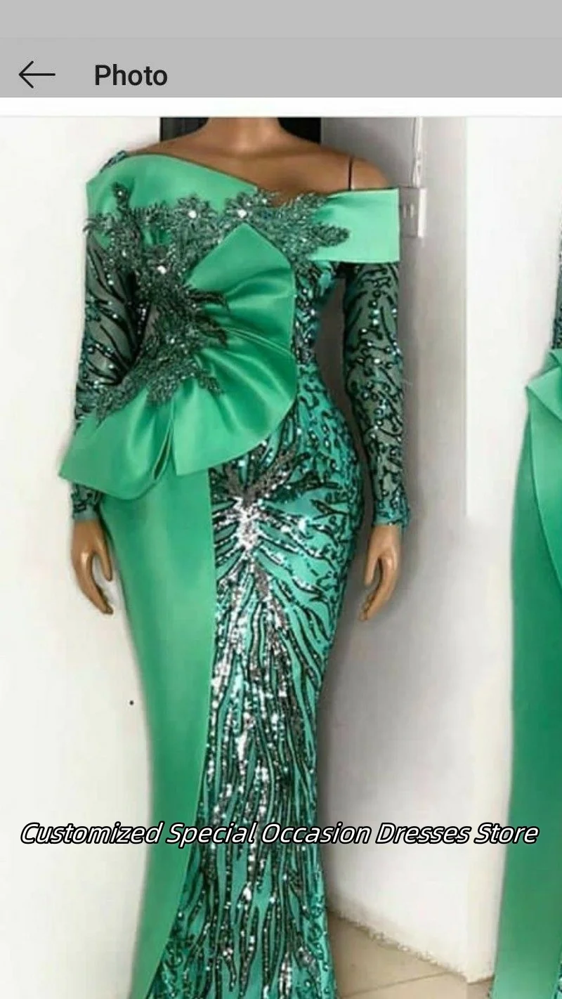 Verde fora do ombro vestido de noite luxuoso lantejoulas frisado applique vestidos de festa de casamento vestidos de baile para mulheres personalizado