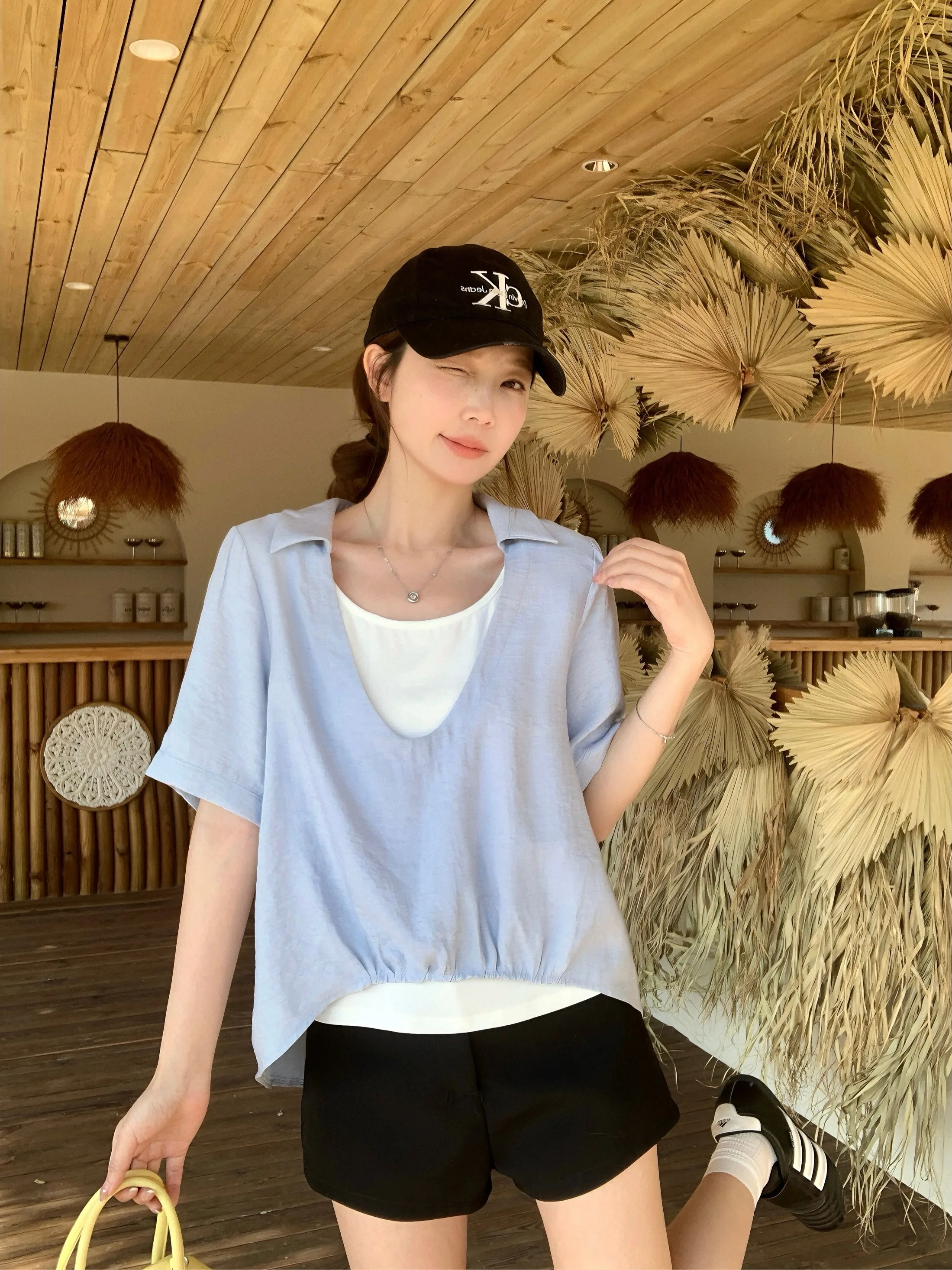 

plus Size Women's Korean Style Fake Two-Piece Shirt Summer Short Sleeve Turn-down Collar Color Block Slimming Top
