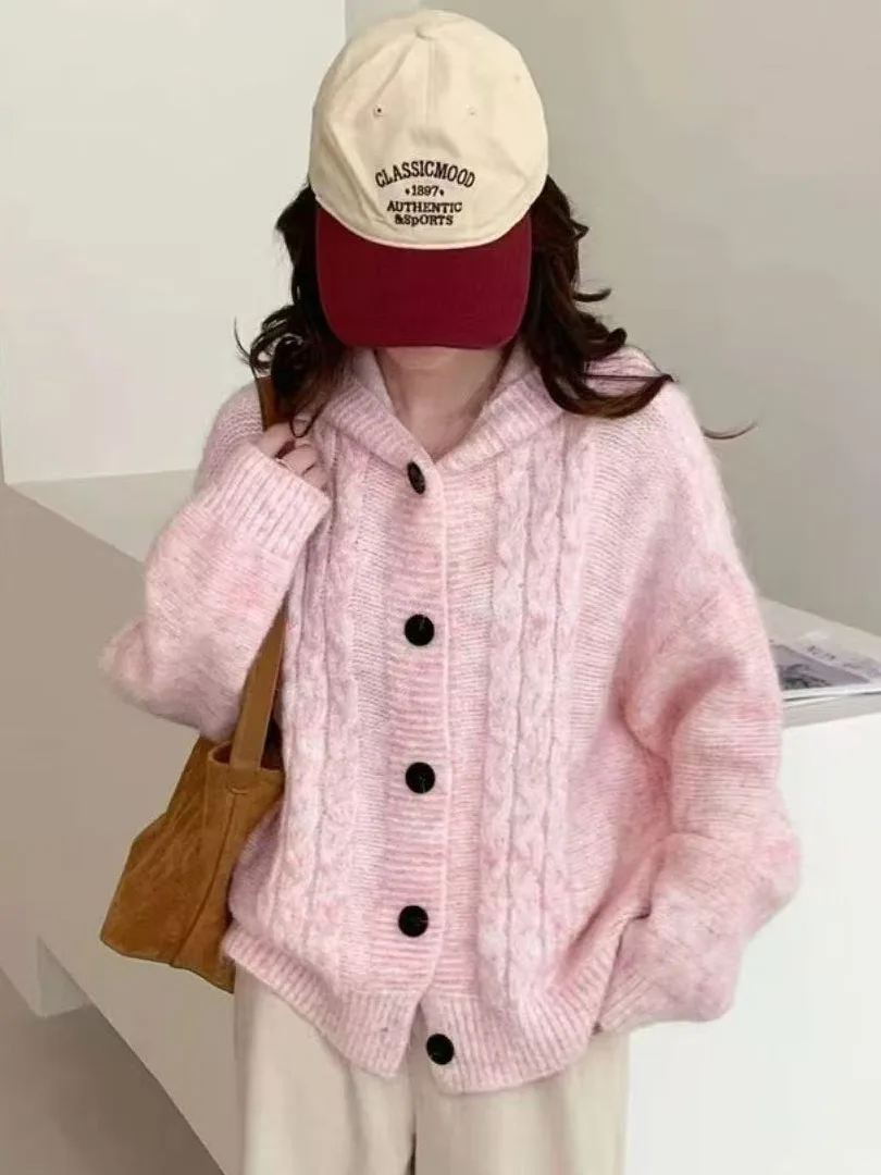 Loose Fit Lazy Sle Strickpullover Mantel Damen Faion Herbst Winter Offene Strickjacke Mit Kapuze Twist Oberbekleidung Top