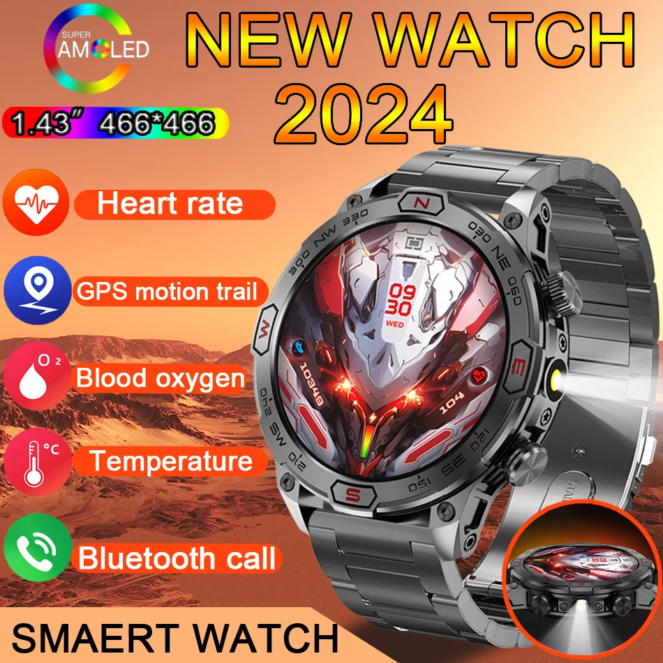 For Huawei Xiaomi Take Flashlight Smart Watch Men 1.43-Inch Ultra HD AMOLED Screen 450 Mah Battery Bluetooth Call SmartWatches