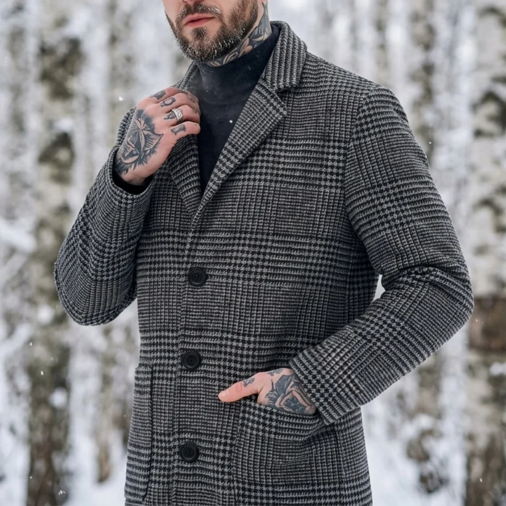 

Men's Warm New ArrivalTrench Coat Houndstooth Prepare for Winter Business Overcoat With Thickened Inner Lining Windproof Jacket