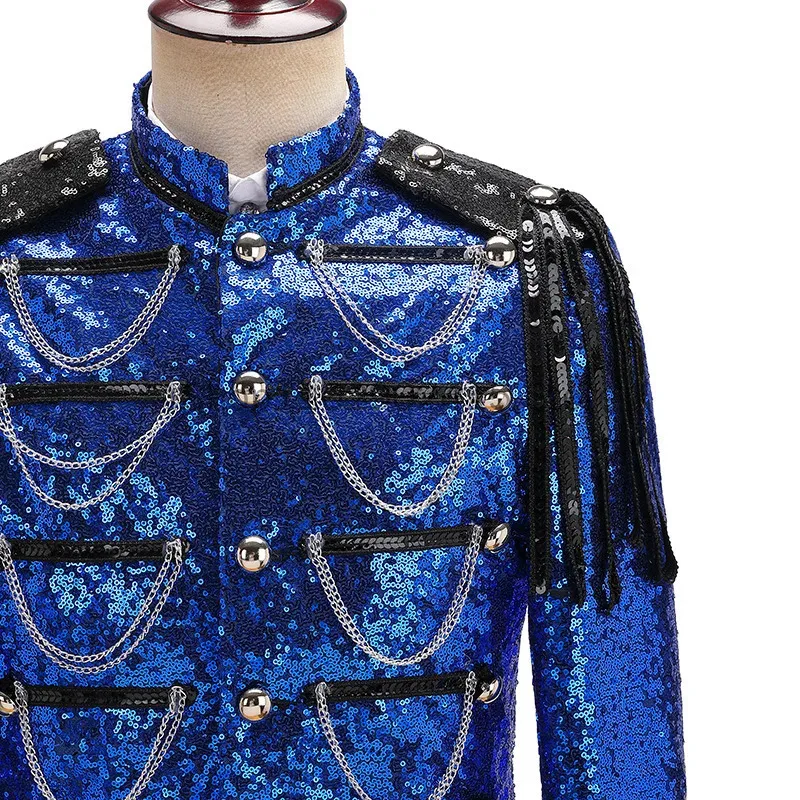 Abrigo de lentejuelas negro, chaqueta Steampunk con cuello levantado, chaqueta con diseño de flecos, traje para club nocturno, fiesta de graduación, traje de Rock, ropa de escenario azul