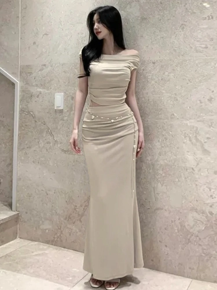 2026 New Arrival Korea Dongdaemun Two Piece Set Slim Fit Draped Neck Sleeveless Women Tank Top+Butt Wrapped Fishtail Skirt