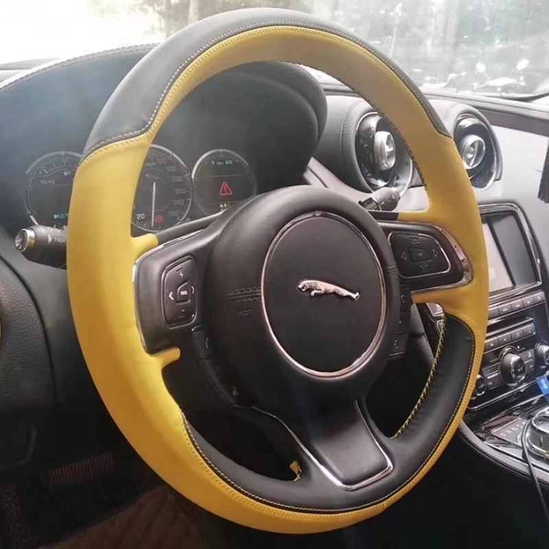 

100% подходит для Jaguar XJ XJL, сшитый вручную черный, желтый, из натуральной кожи, нескользящий чехол на руль автомобиля