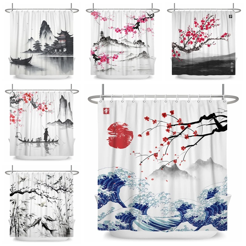 

Japanese Shower Curtain Cherry Blossom Floral Bathroom Curtain Asian Tradition Antique Ink Painting Art Polyester Waterproof