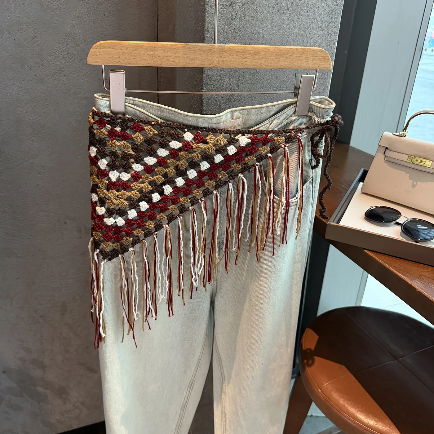 2026 New Woven Belt Women's Triangle Towel Fringed Fart Curtain Stacked Wear Retro Accessories Bohemian Ethnic Style Wide