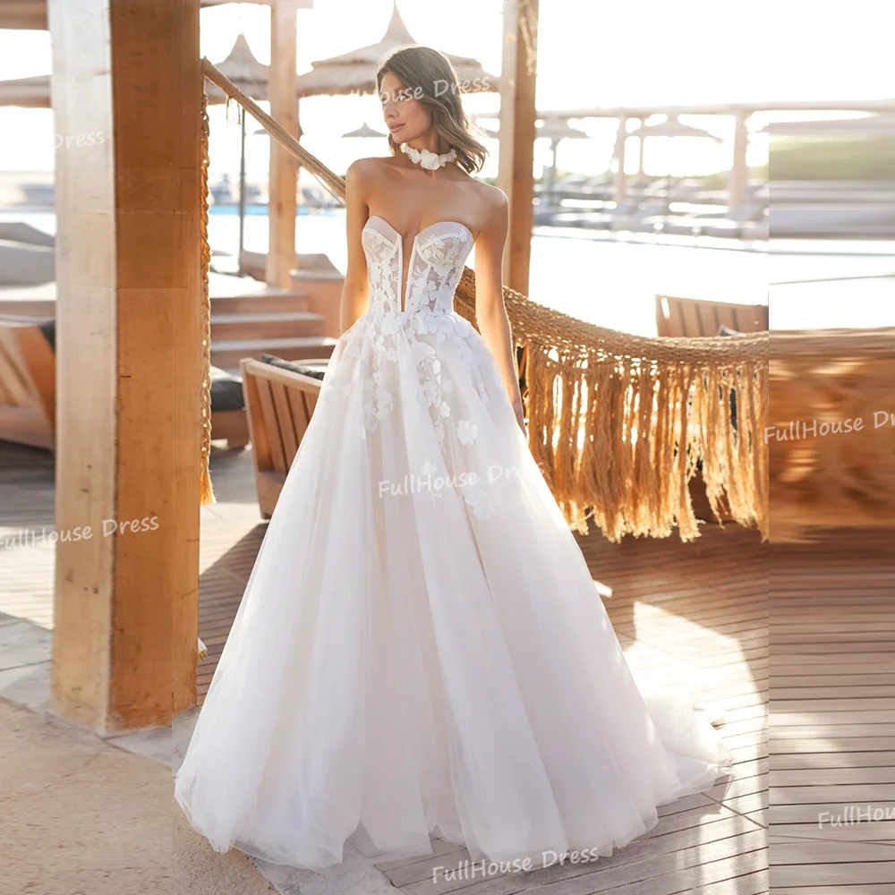 

Элегантное тюлевое свадебное платье трапециевидной формы с открытыми плечами по индивидуальному заказу, кружевное длинное свадебное платье с открытой спиной и аппликацией, Vestidos De