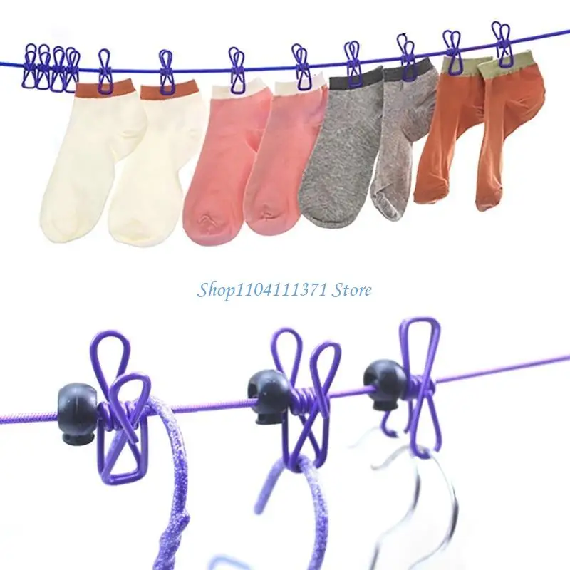 P9FC Retractable Airer Wind proof Rope with 12Clip for Camping Clothes Laundry Drying