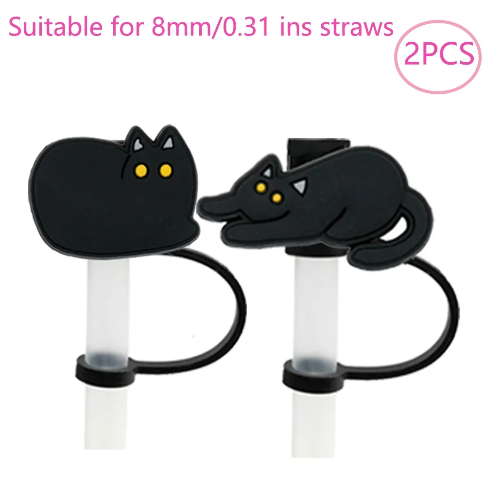 1/2/8 قطعة غطاء القش لطيف القط الأسود اكسسوارات ل بهلوان كوب ، سيليكون القش توبر الشرب تلميح ، 8 مللي متر الغبار غطاء من القش