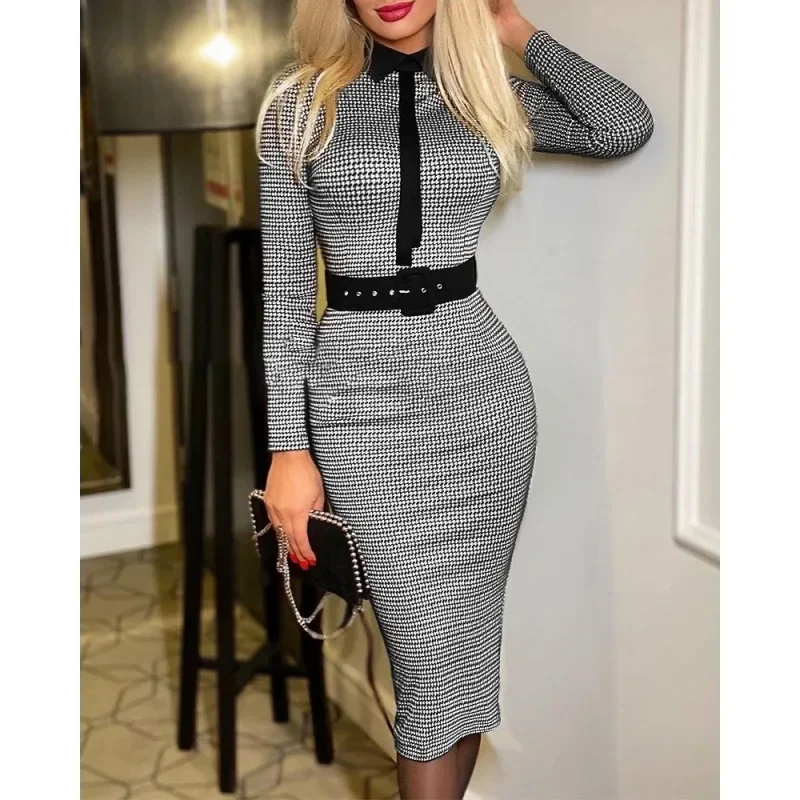 Office Lady Vintage Print Long Sleeve Belt Slim Bodycon Dress Women Summer New Elegant Fashion Commute Dresses Vestidos Feminino