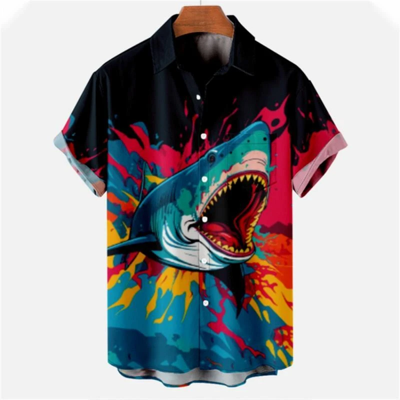 

Fashion Shark Graphic Hawaiian Shirts For Men Summer Trendy Short Sleeve 3D Printed Shirt Loose Streetwear Lapel Button Blouse