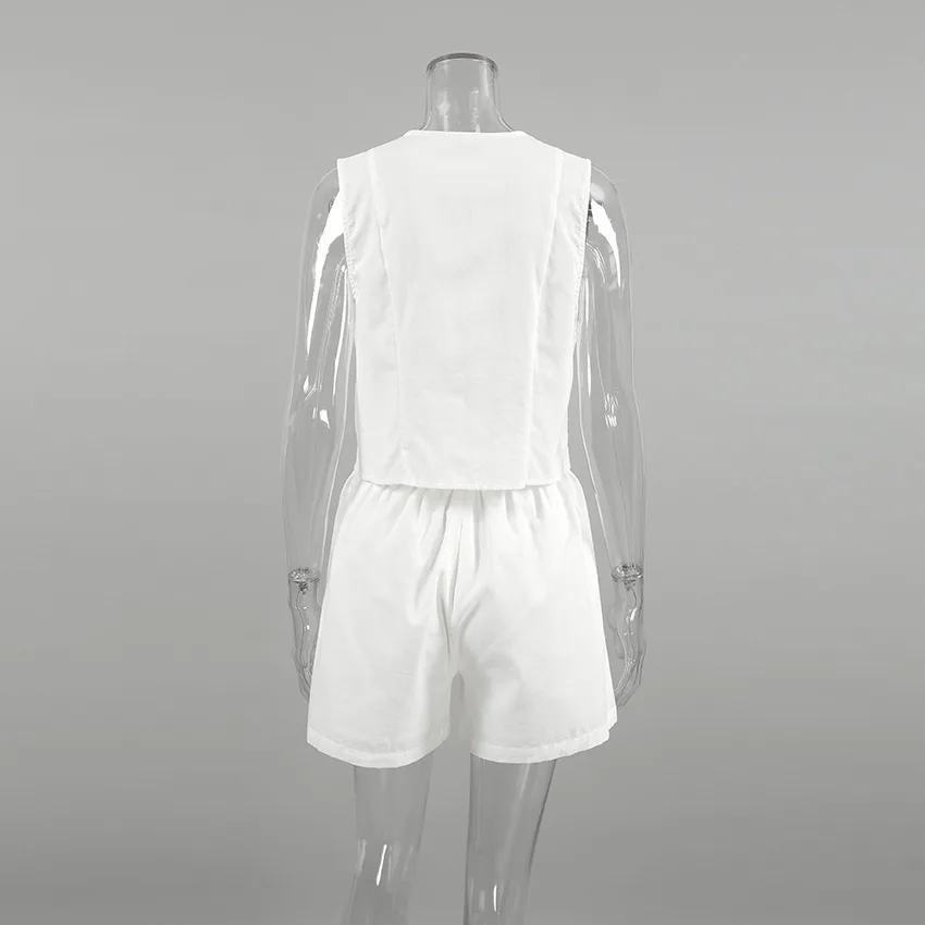 Conjunto de chaleco de lino y algodón liso para mujer, chaleco sin mangas con cuello de pico + pantalones cortos sueltos de cintura alta, conjunto de dos piezas para mujer