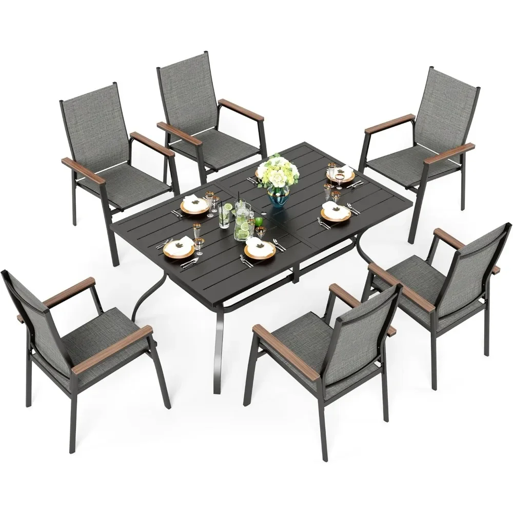 

Patio Table and Chairs Set 7 Pieces, 6 Aluminium Patio Dining Chairs with 60" x 38" Metal Dining Table, Stackable