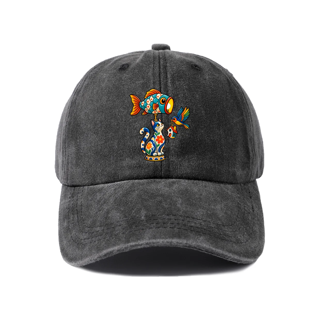 Colorful Animal Parade Graphic Baseball Cap, Vintage Washed Adjustable Unisex Dad Hat, Everyday Gift