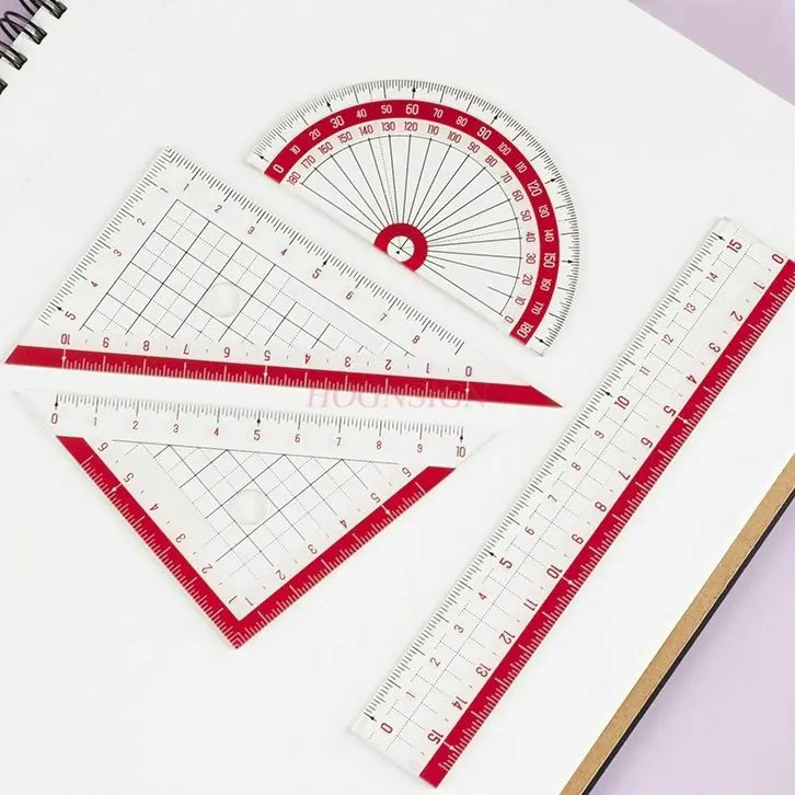 4pcs/set Elementary school ruler, graduated protractor, triangular ruler set, transparent, anti slip, wear-resistant, pointed