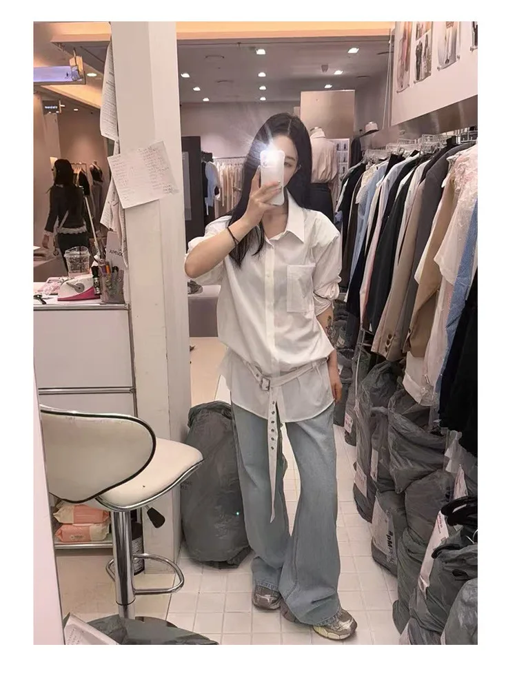 

Loose Women's irt with Belt Long Sve Design Lazy Sle Waist Inward Slimming Top Dongda Gate Faionable Casual Wear