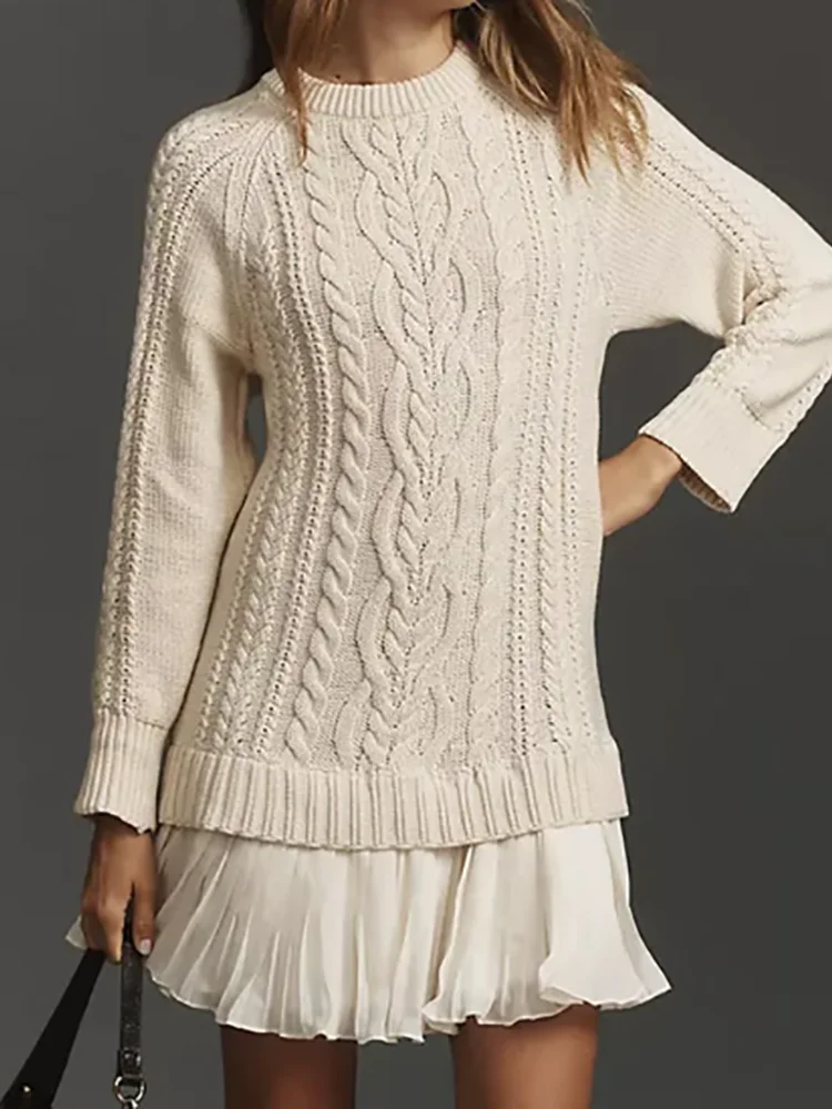 

2025 вязаное лоскутное платье с круглым вырезом и длинными рукавами, женское свободное повседневное милое шикарное мини-платье, осенне-зимняя модная уличная одежда для вечеринок