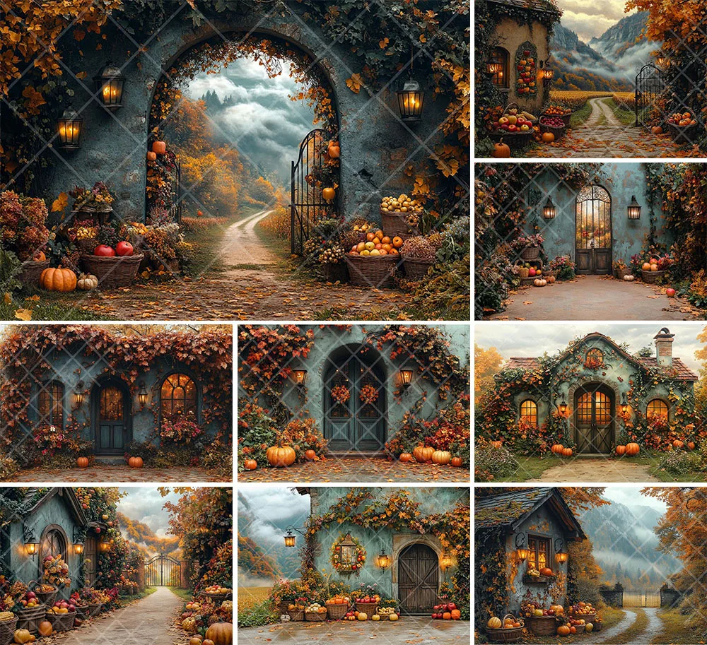 

Mehofond Photography Background Enchanted Autumn Cottage Fall Pumpkins Lanterns Kids Family Portrait Decor Backdrop Photo Studio