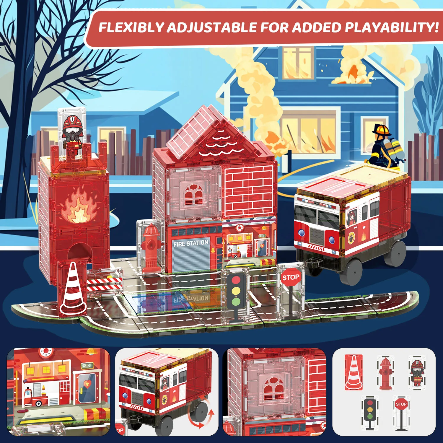 ชุดตัวต่อแม่เหล็กธีมความปลอดภัยด้านไฟฟ้าสำหรับเด็ก ชุดถนน ปั๊มน้ำมัน ฉากก่อสร้าง ของเล่นเด็ก ของขวัญวันเกิด