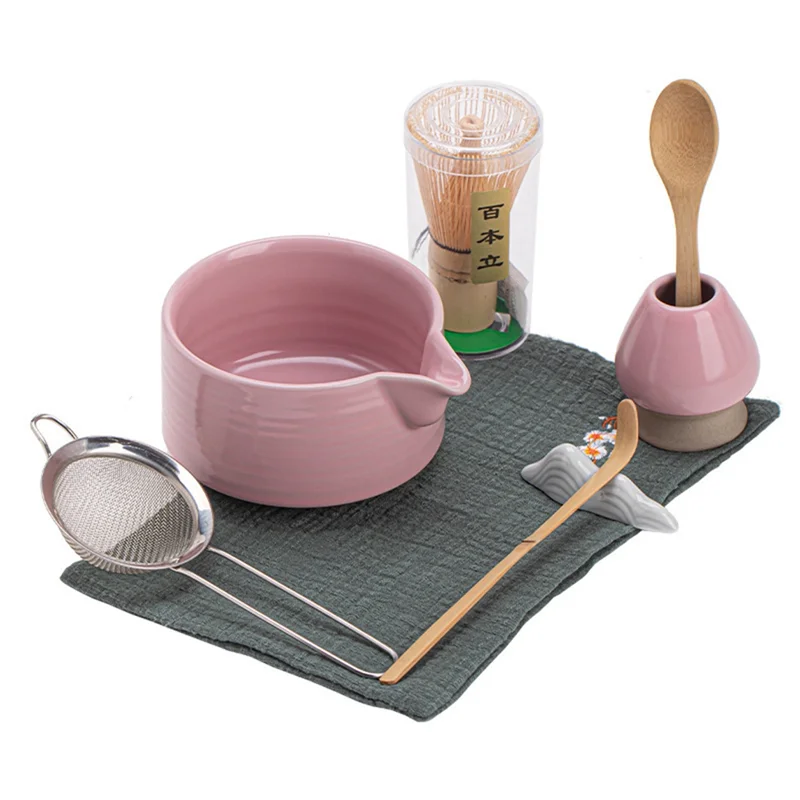

For Tea-Lovers' Pink Japanese Matcha For Tea Set 8 Pieces Powder Kit Bowl Whisk Accessories Holder