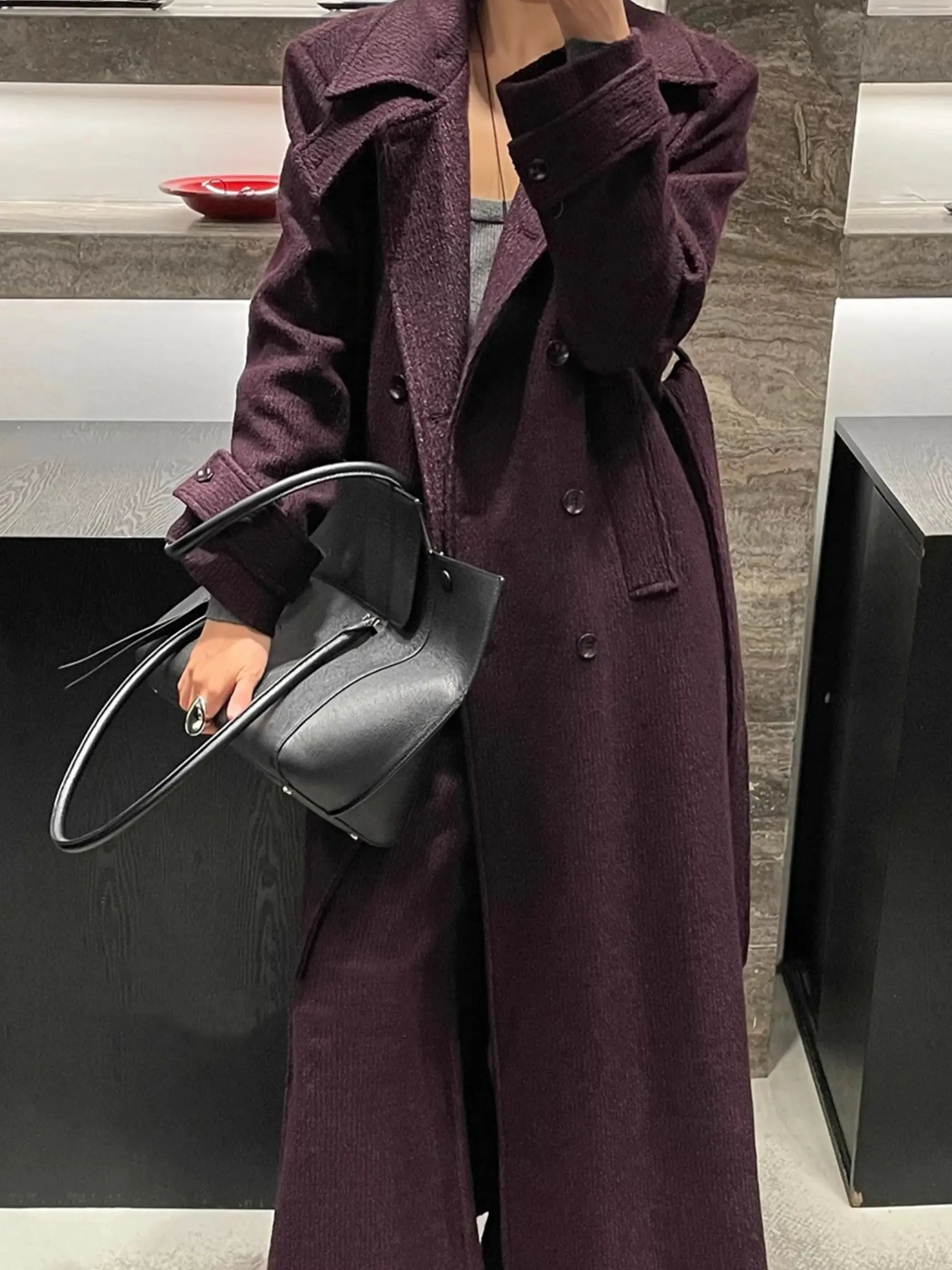 High-end Light Gray Lengthened X-long Double bread Woolen And Cashmere Coat Tall Women Collarless Bathrobe Loose stripe Lace Up