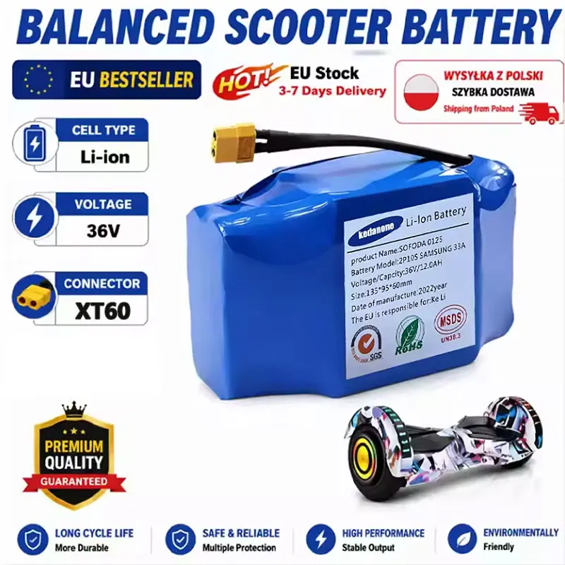 Batteria al litio ricaricabile originale da 36 V e 12000 mAh, modello 10S2P, 12 Ah, con celle 18650, per monopattini elettrici autobilancianti e hoverboard.
