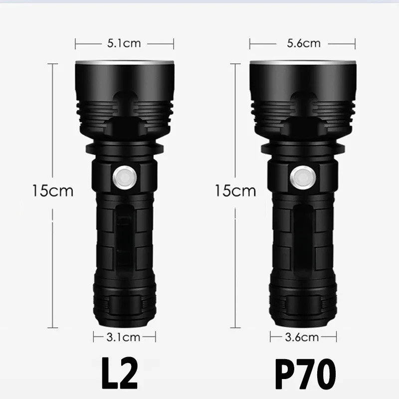 Linterna LED de gran potencia para exteriores, linterna táctica impermeable con batería de 26650, recargable por USB, L2 XHP70