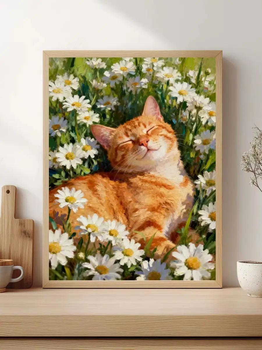 1 Stück 30x40cm/11,8x15,7 Zoll, 11Ct/14Ct Kreuzstich-Set, DIY Valentinstagsgeschenk, Stickerei-Set für Festlichkeiten, Orange Katze in Gänseblümchen-Feld – Detail 1