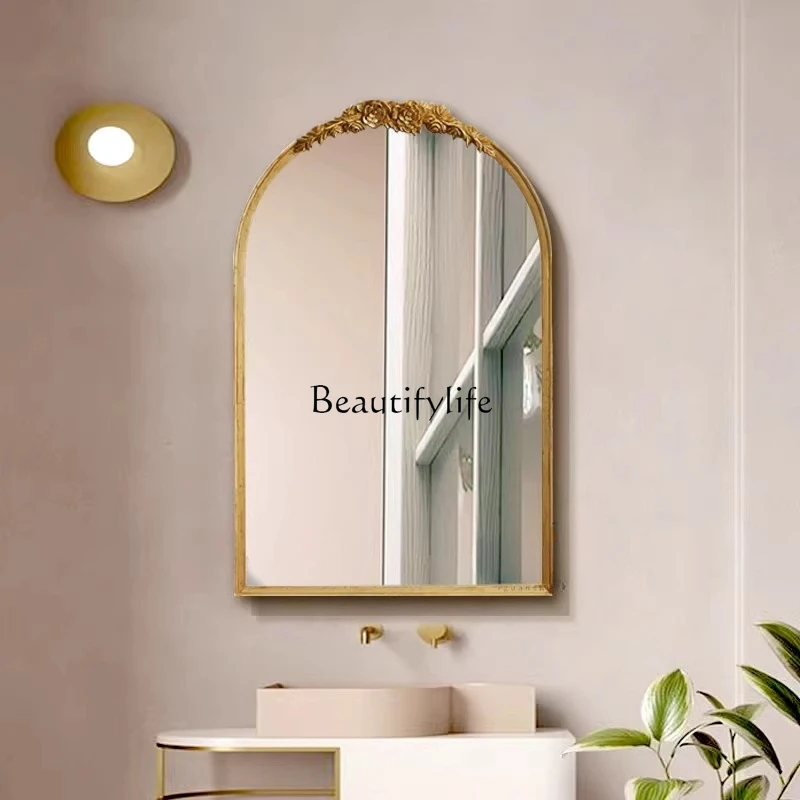 

French retro bathroom mirror wall-mounted toilet European carved arched dressing mirror