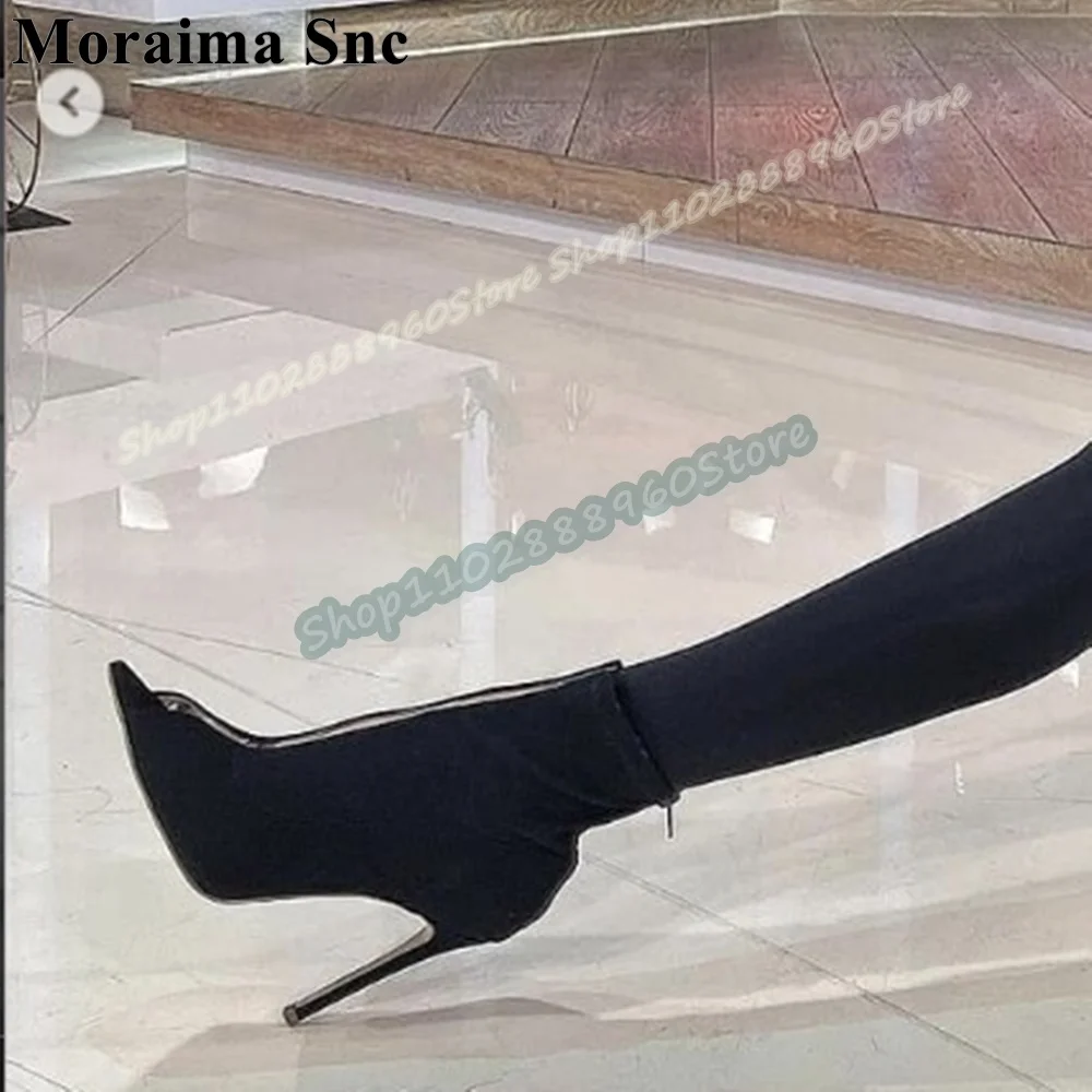 Black Flock Splicing Pointy Ankle Boots Stilettos High Heel Shoes For Women Back Zipper Peep Toe Trending Zapatos Para Mujer