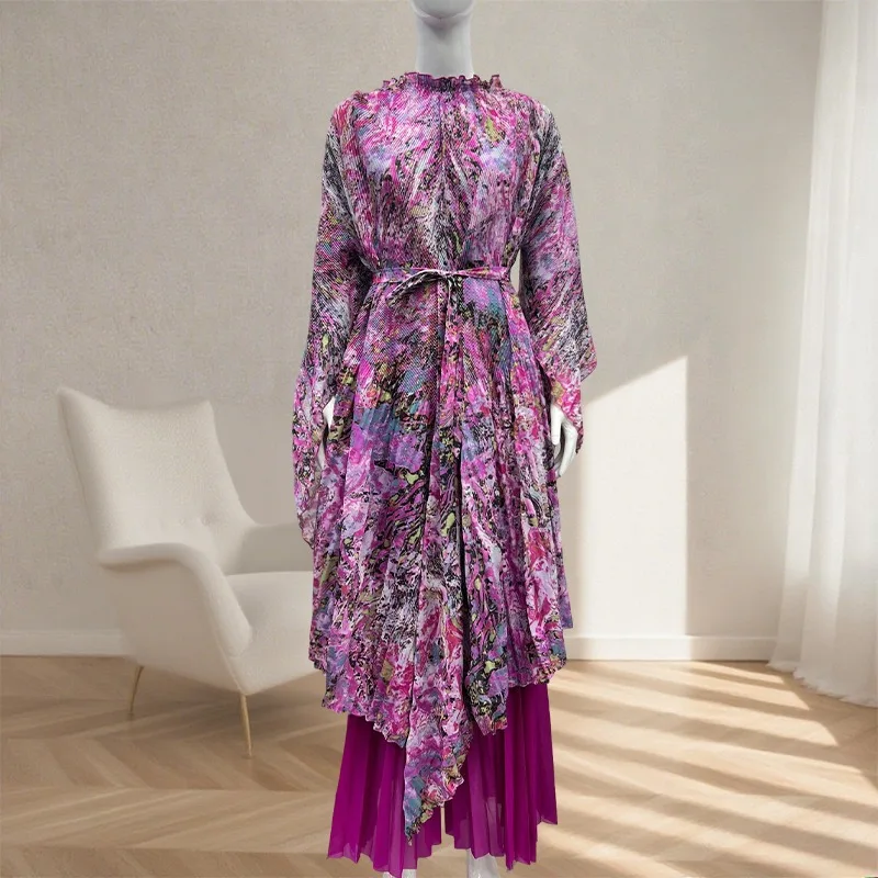 

Miyake Pleated New Elegant Dress Printed Long Bat Sleeve Top Stretch Large Size Straight Wide Leg Pant African Women's Pants Set