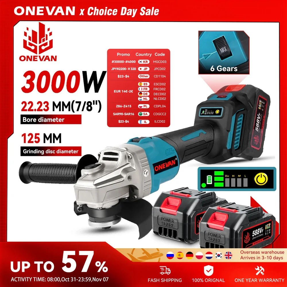 ONEVAN 125MM Brushless Electric Angle Grinder 3000W 6 Gear Polishing Cutter Metal Wood Power Tool For Makita 18V Battery Pin