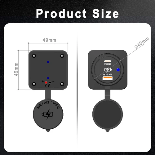 Imagen 2 del producto Toma de USB-C Dual PD 60W QC3.0, cargador rápido de 12V-24V, Panel de toma de corriente USB tipo C doble para coche, barco, carrito de Golf y motocicleta