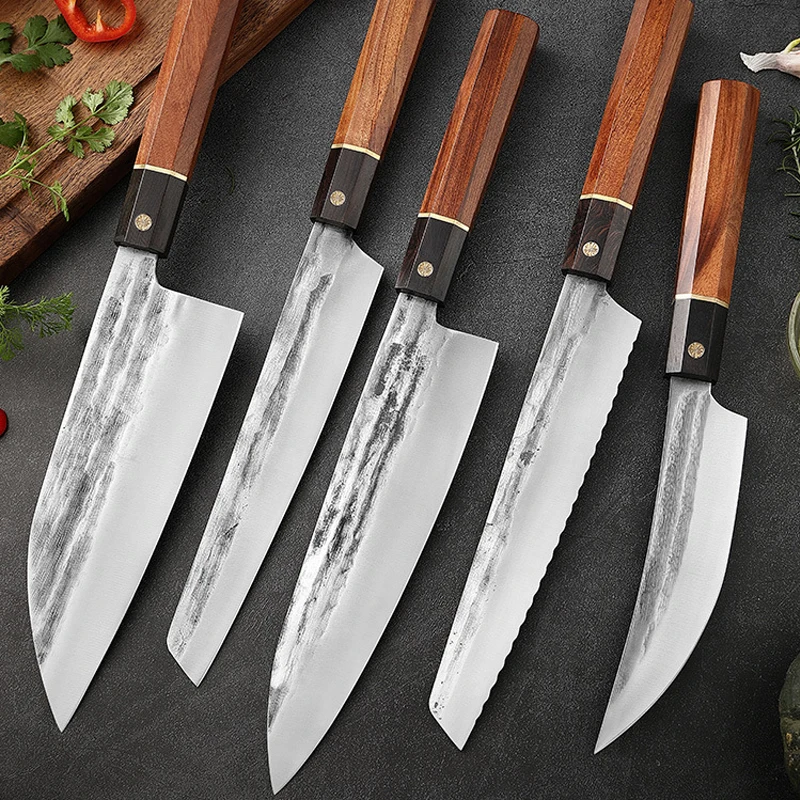 Hand Forged Kitchen Knives Set 1-5pcs Kiritsuke Nakiri Japanese Chef Knife Octagonal Handle Sashimi Sushi Cutting Cleaver