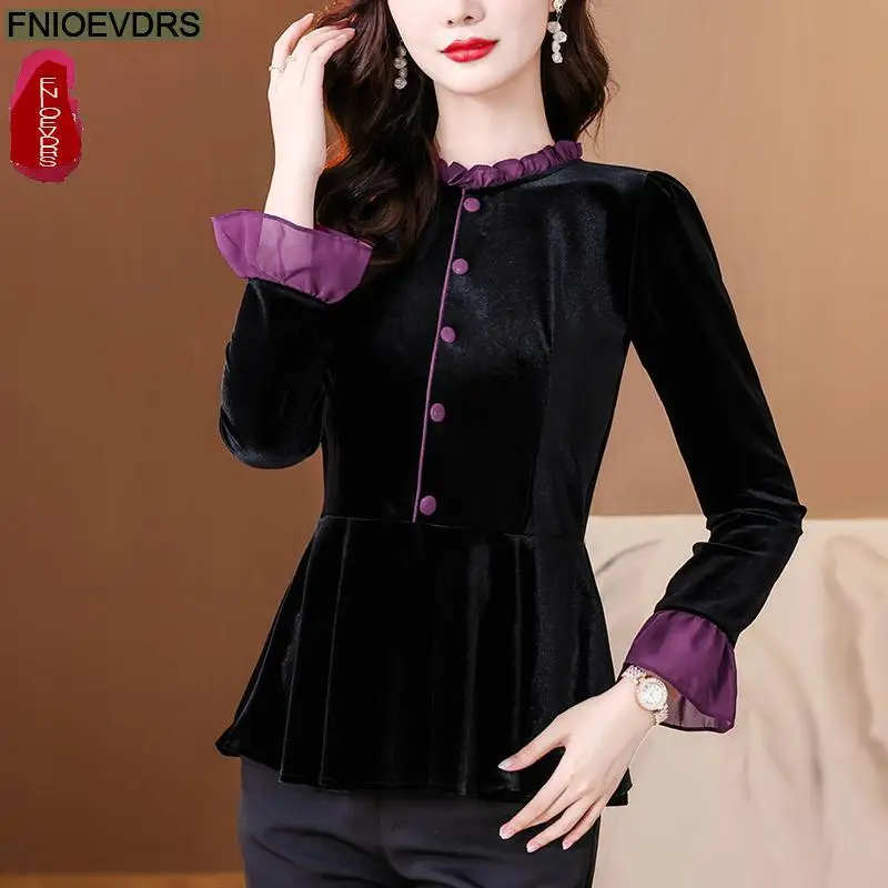 New Year Hot Black Velvet Top Basic Wear Women Autumn Winter Elegant Office Lady Button Shirts Retro Vintage Peplum Tops Blouses