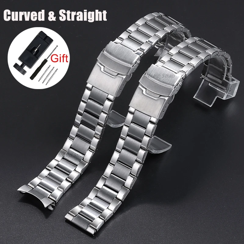 22mm Curved Stainless Steel Strap Universal Wristband Arc/Straight End Watch Band Folding Buckle Men Women Replacement Bracelet