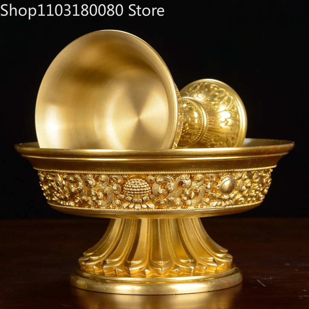 Brass Carved Eight Auspicious Symbols Dharma Protector Cup Tibetan Buddhist Ritual Offering Cup Altar Worship Decor